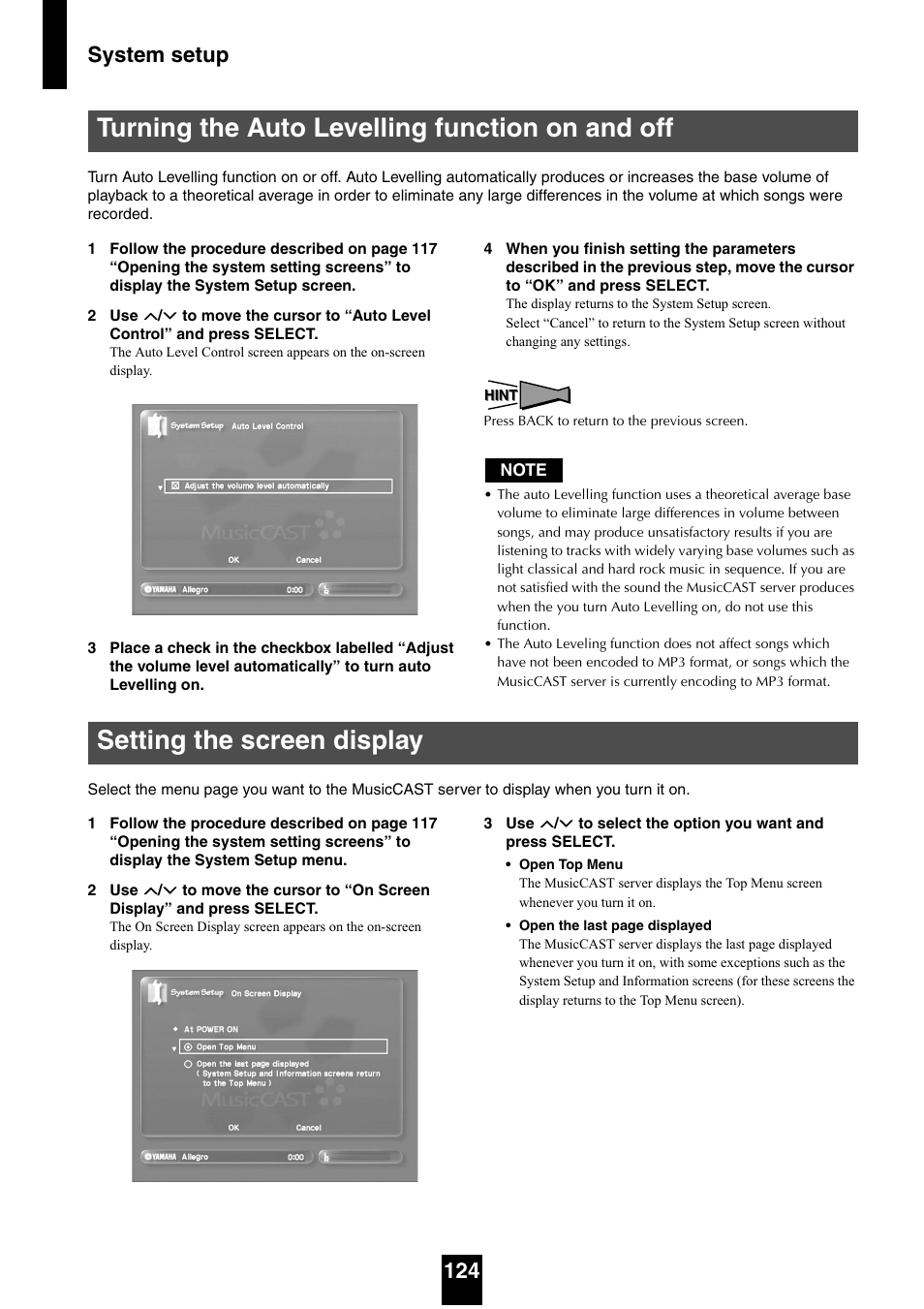 Turning the auto levelling function on and off, Setting the screen display, System setup 124 | Yamaha mcx-1000 User Manual | Page 124 / 148