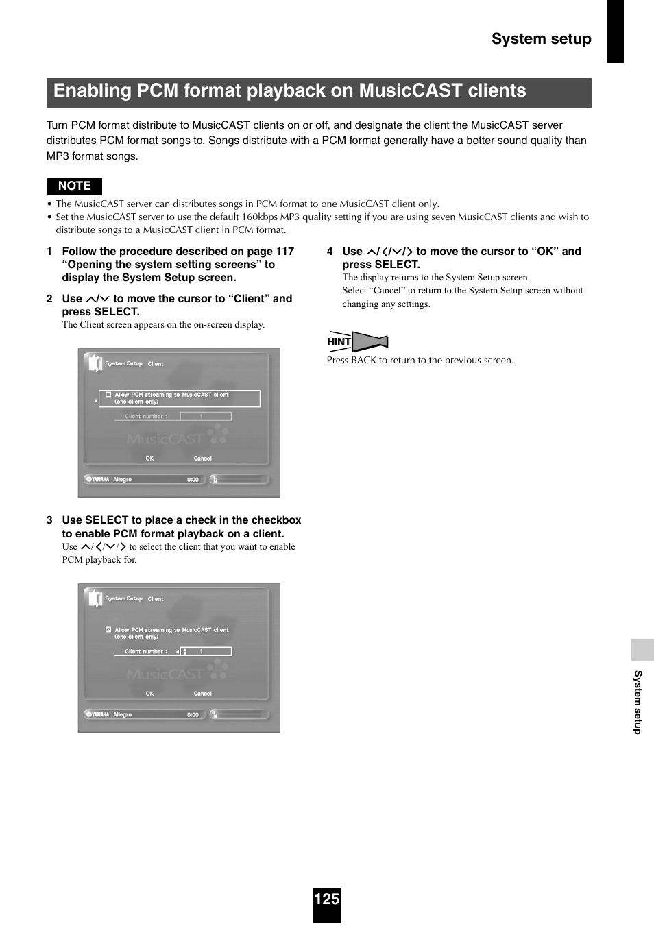 Enabling pcm format playback on musiccast clients, System setup 125 | Yamaha mcx-1000 User Manual | Page 125 / 148