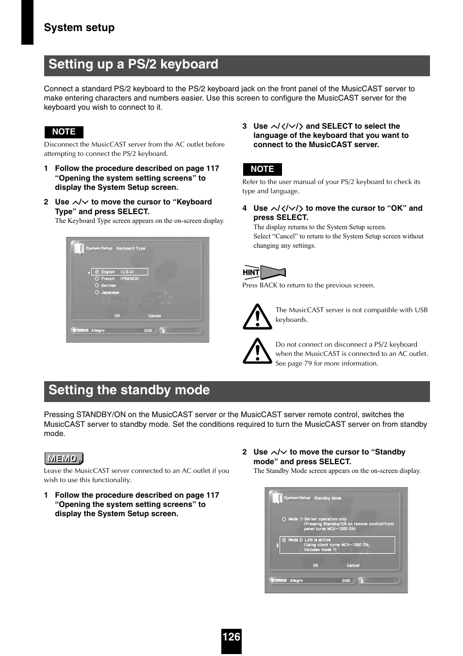 Setting up a ps/2 keyboard, Setting the standby mode, System setup 126 | Yamaha mcx-1000 User Manual | Page 126 / 148