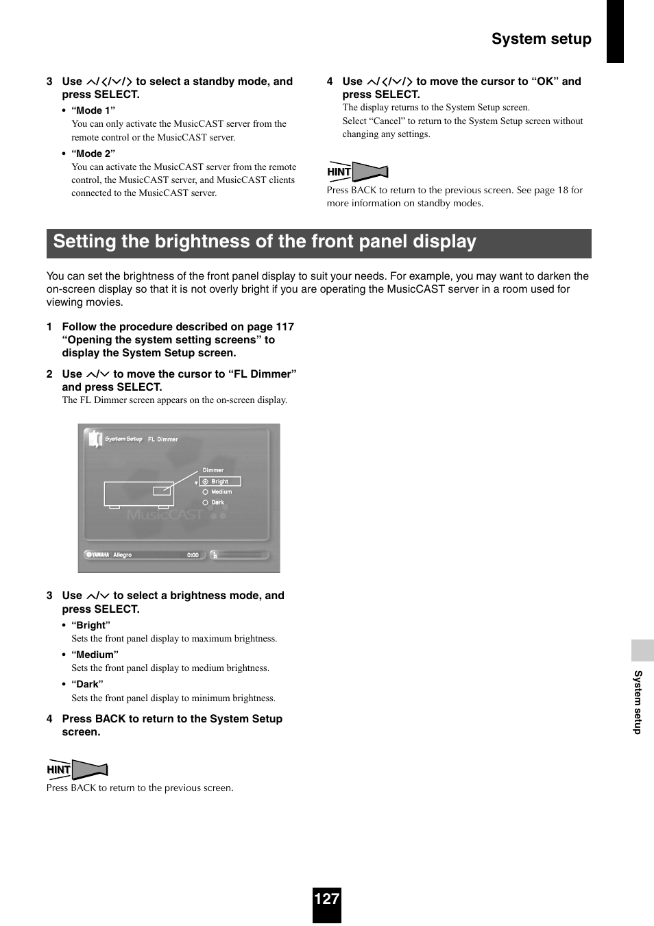 Setting the brightness of the front panel display, System setup 127 | Yamaha mcx-1000 User Manual | Page 127 / 148