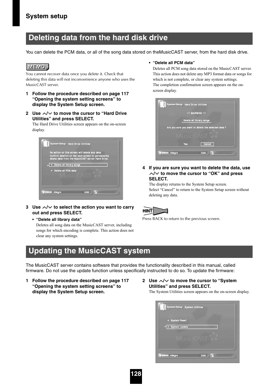 Deleting data from the hard disk drive, Updating the musiccast system, System setup 128 | Yamaha mcx-1000 User Manual | Page 128 / 148