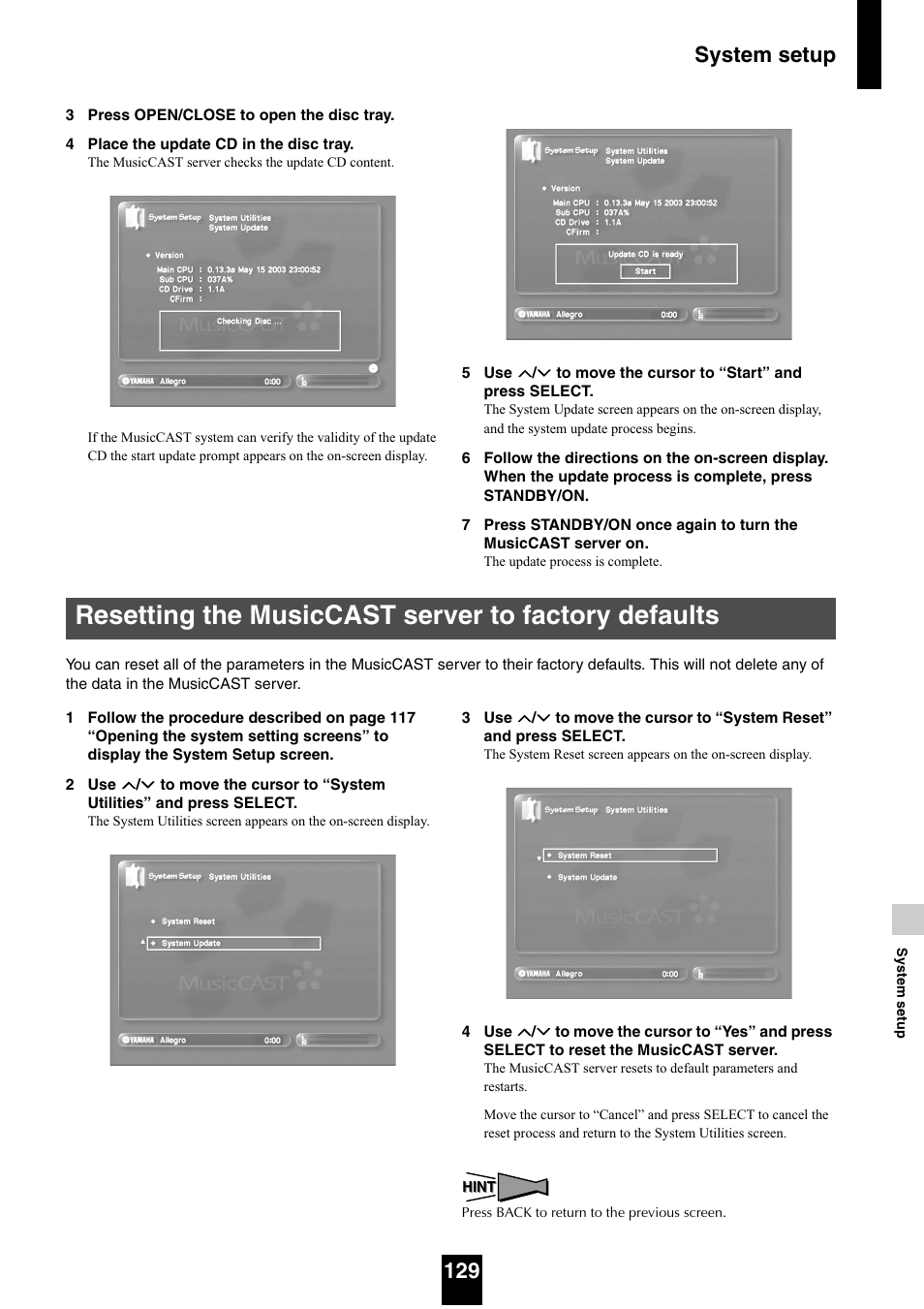 Resetting the musiccast server to factory defaults, System setup 129 | Yamaha mcx-1000 User Manual | Page 129 / 148