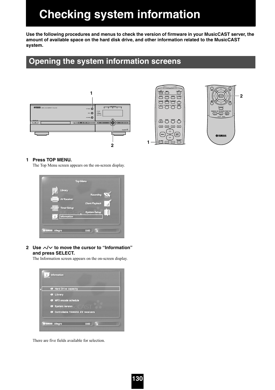 Checking system information, Opening the system information screens | Yamaha mcx-1000 User Manual | Page 130 / 148