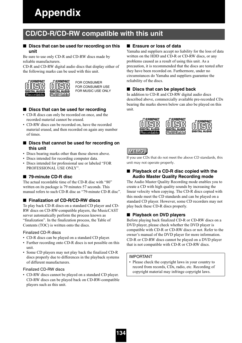 Appendix, Cd/cd-r/cd-rw compatible with this unit, Tible with this unit | Yamaha mcx-1000 User Manual | Page 134 / 148