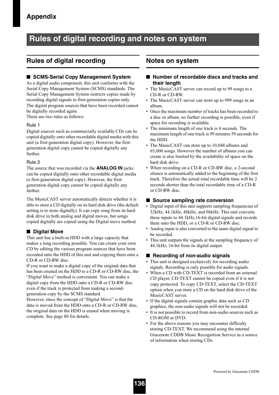 Rules of digital recording and notes on system, Rules of digital recording, Notes on system | Rules of digital recording notes on system, Appendix 136 rules of digital recording | Yamaha mcx-1000 User Manual | Page 136 / 148