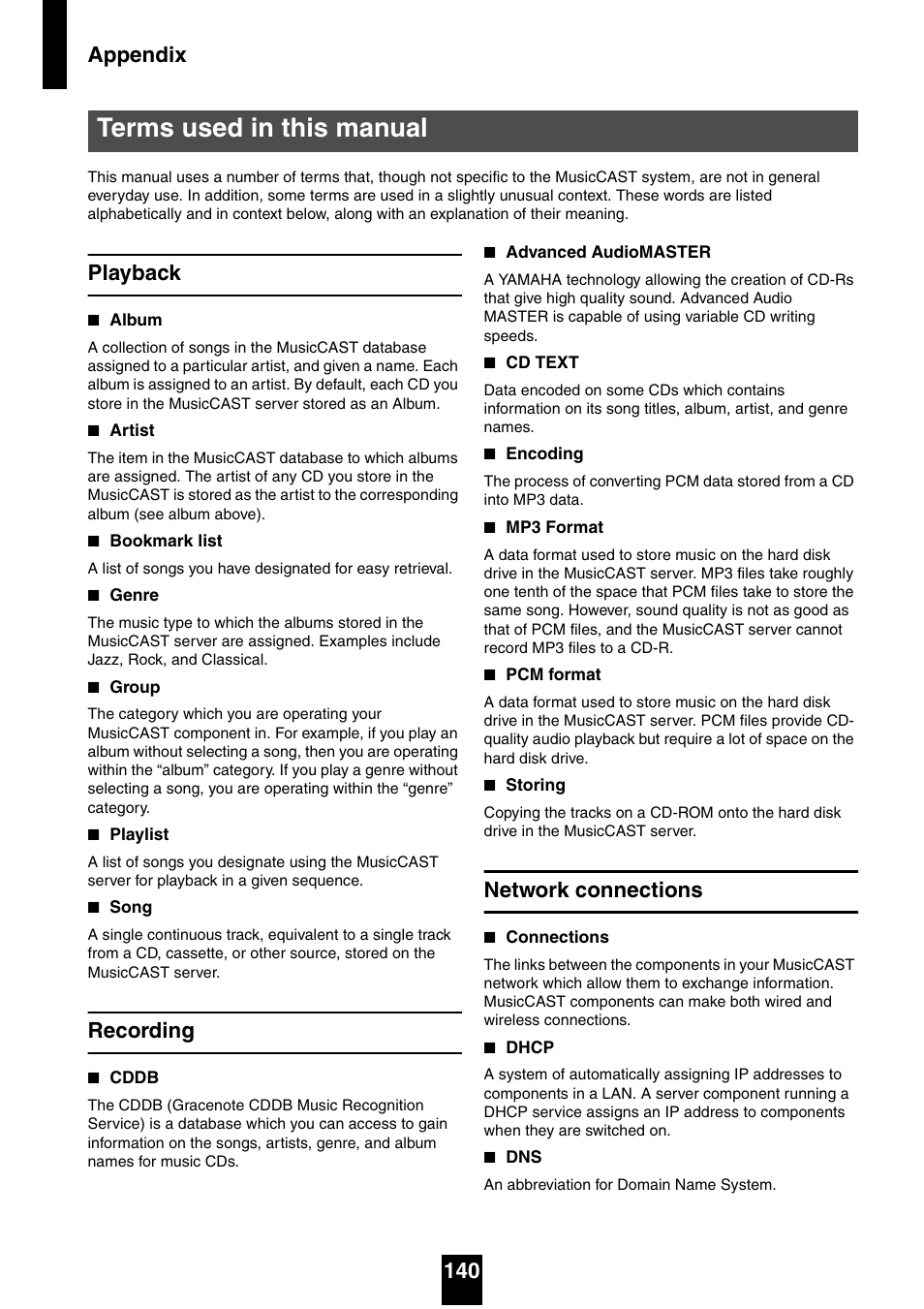 Terms used in this manual, Playback, Recording | Network connections, Playback recording network connections, Appendix 140 | Yamaha mcx-1000 User Manual | Page 140 / 148