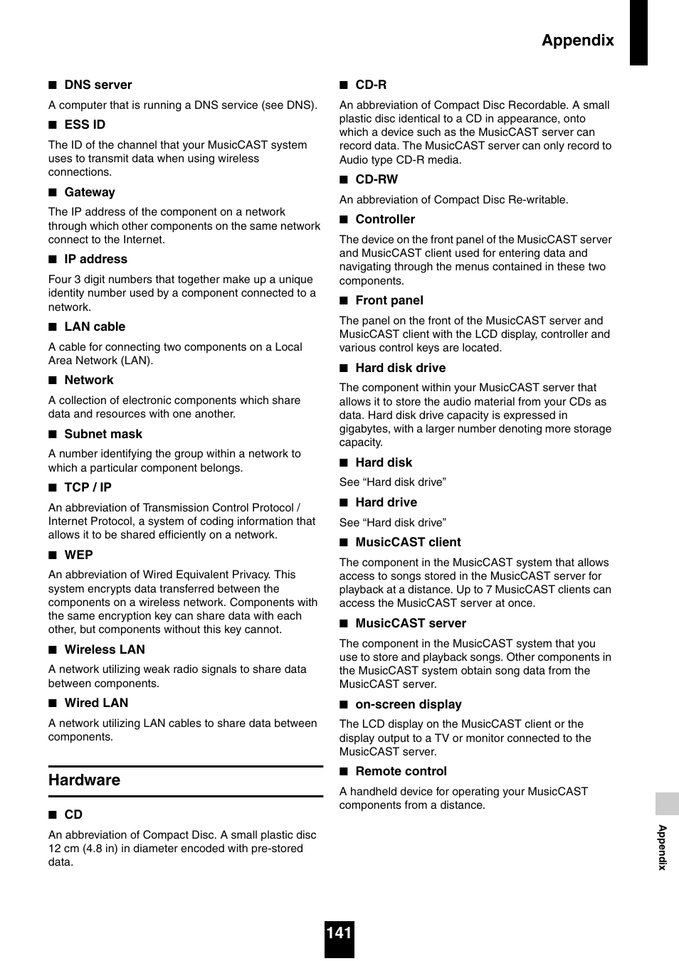 Hardware, Appendix 141 | Yamaha mcx-1000 User Manual | Page 141 / 148
