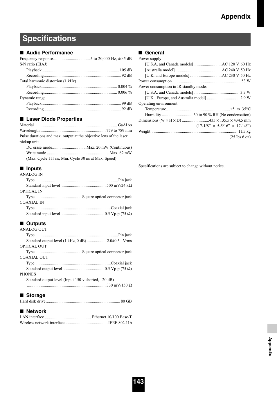 Specifications, Appendix 143 | Yamaha mcx-1000 User Manual | Page 143 / 148