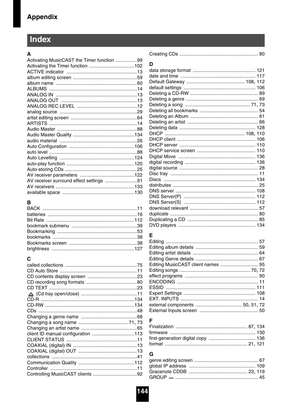 Index, Appendix 144 | Yamaha mcx-1000 User Manual | Page 144 / 148