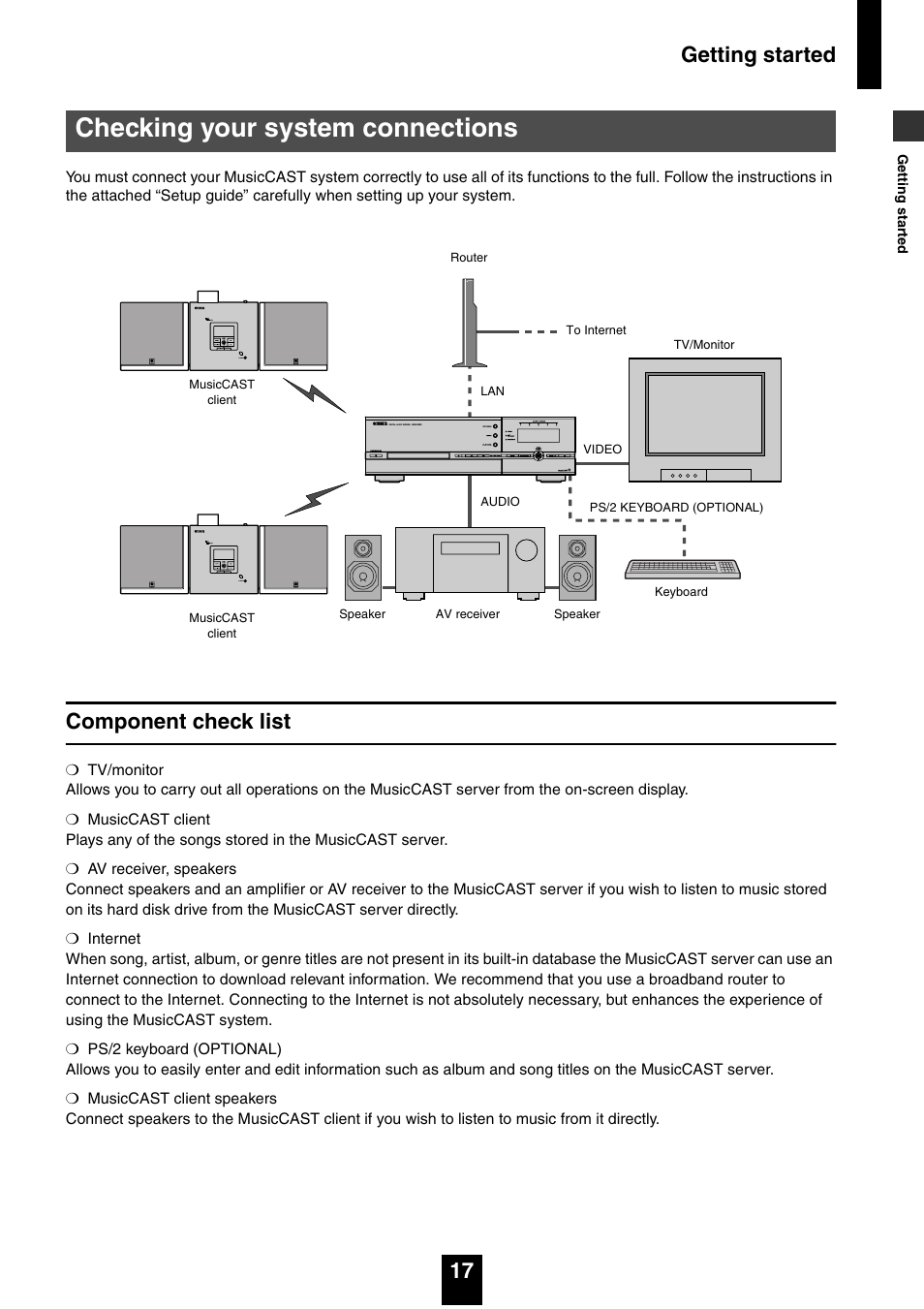 Checking your system connections, Component check list, Getting started 17 | Yamaha mcx-1000 User Manual | Page 17 / 148