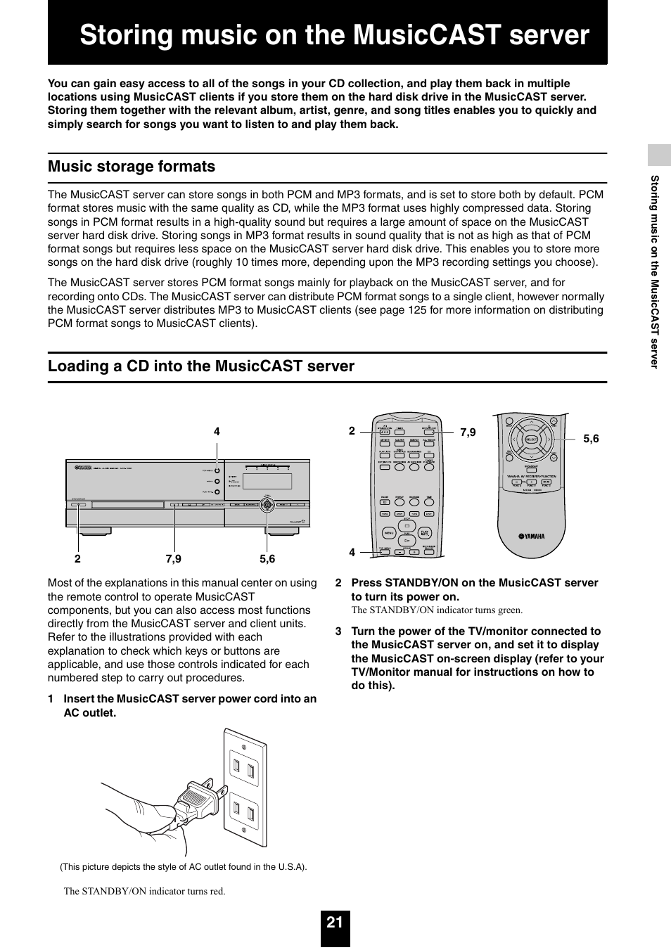 Storing music on the musiccast server, Music storage formats, Loading a cd into the musiccast server | Yamaha mcx-1000 User Manual | Page 21 / 148