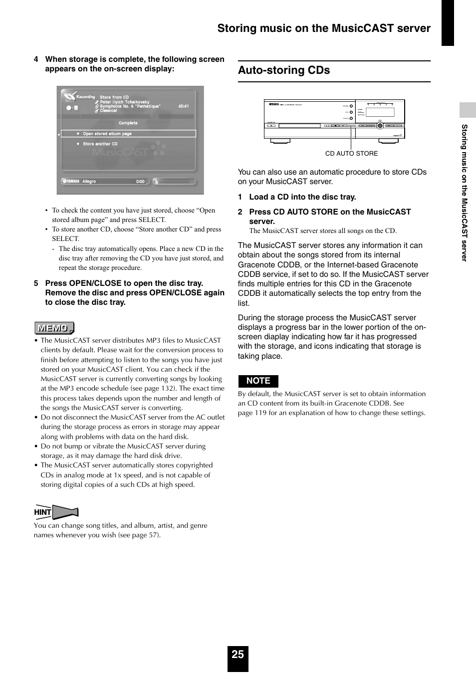 Auto-storing cds, Storing music on the musiccast server 25 | Yamaha mcx-1000 User Manual | Page 25 / 148