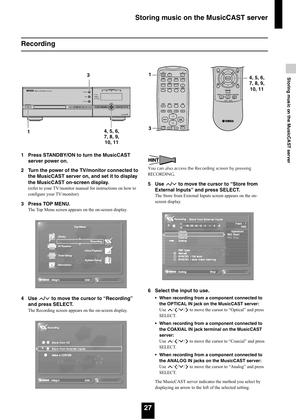 Recording, Storing music on the musiccast server 27 recording | Yamaha mcx-1000 User Manual | Page 27 / 148