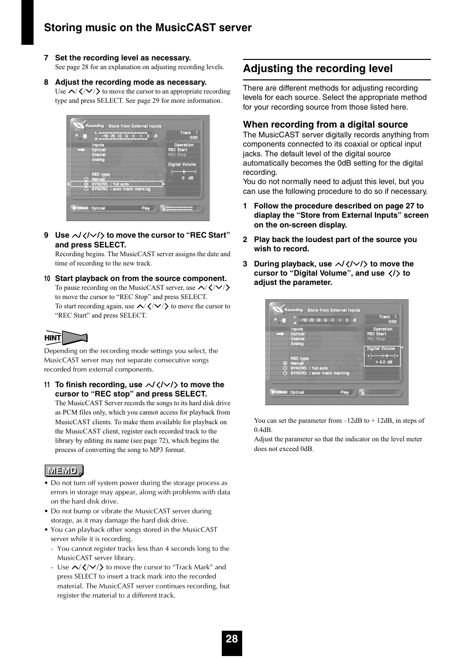 Adjusting the recording level, Storing music on the musiccast server 28, When recording from a digital source | Yamaha mcx-1000 User Manual | Page 28 / 148