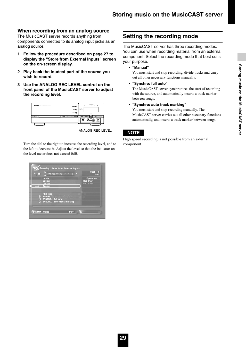 Setting the recording mode, Storing music on the musiccast server 29 | Yamaha mcx-1000 User Manual | Page 29 / 148