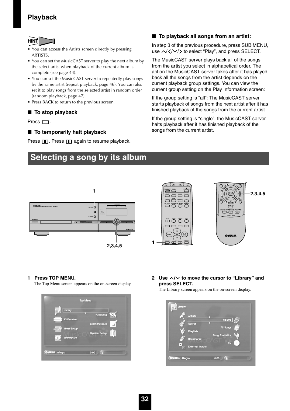 Selecting a song by its album, Playback 32 | Yamaha mcx-1000 User Manual | Page 32 / 148