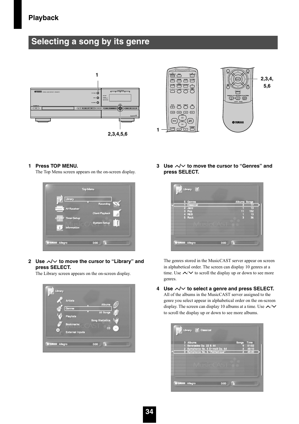 Selecting a song by its genre, Playback 34 | Yamaha mcx-1000 User Manual | Page 34 / 148