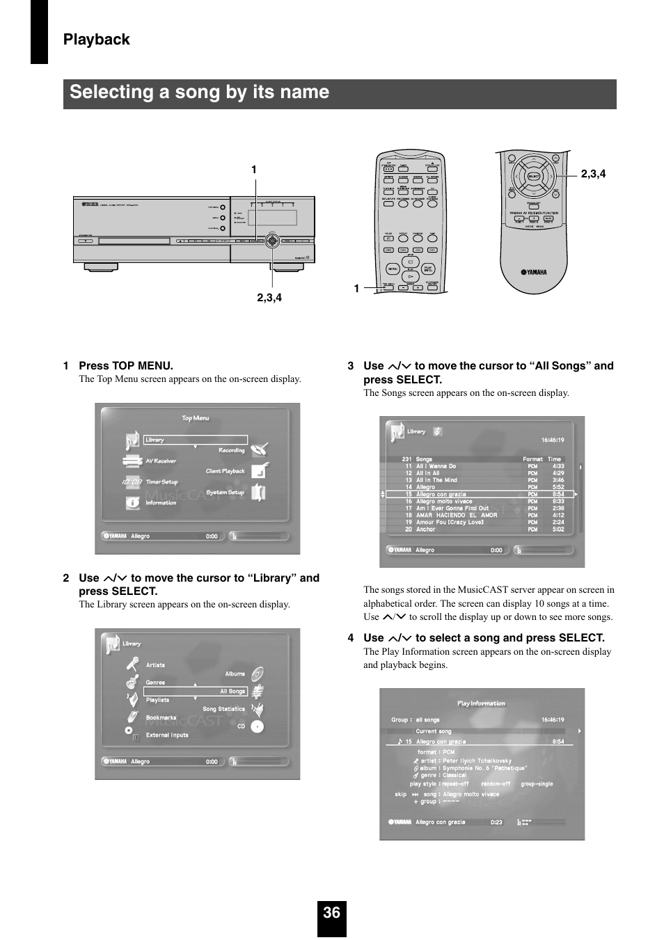 Selecting a song by its name, Playback 36 | Yamaha mcx-1000 User Manual | Page 36 / 148