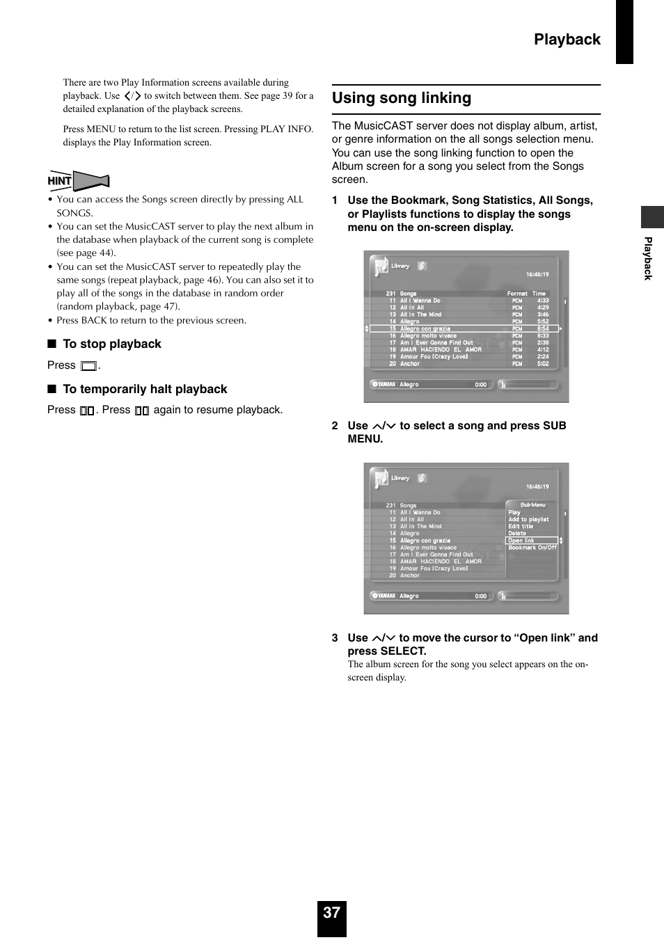 Using song linking, Playback 37 | Yamaha mcx-1000 User Manual | Page 37 / 148