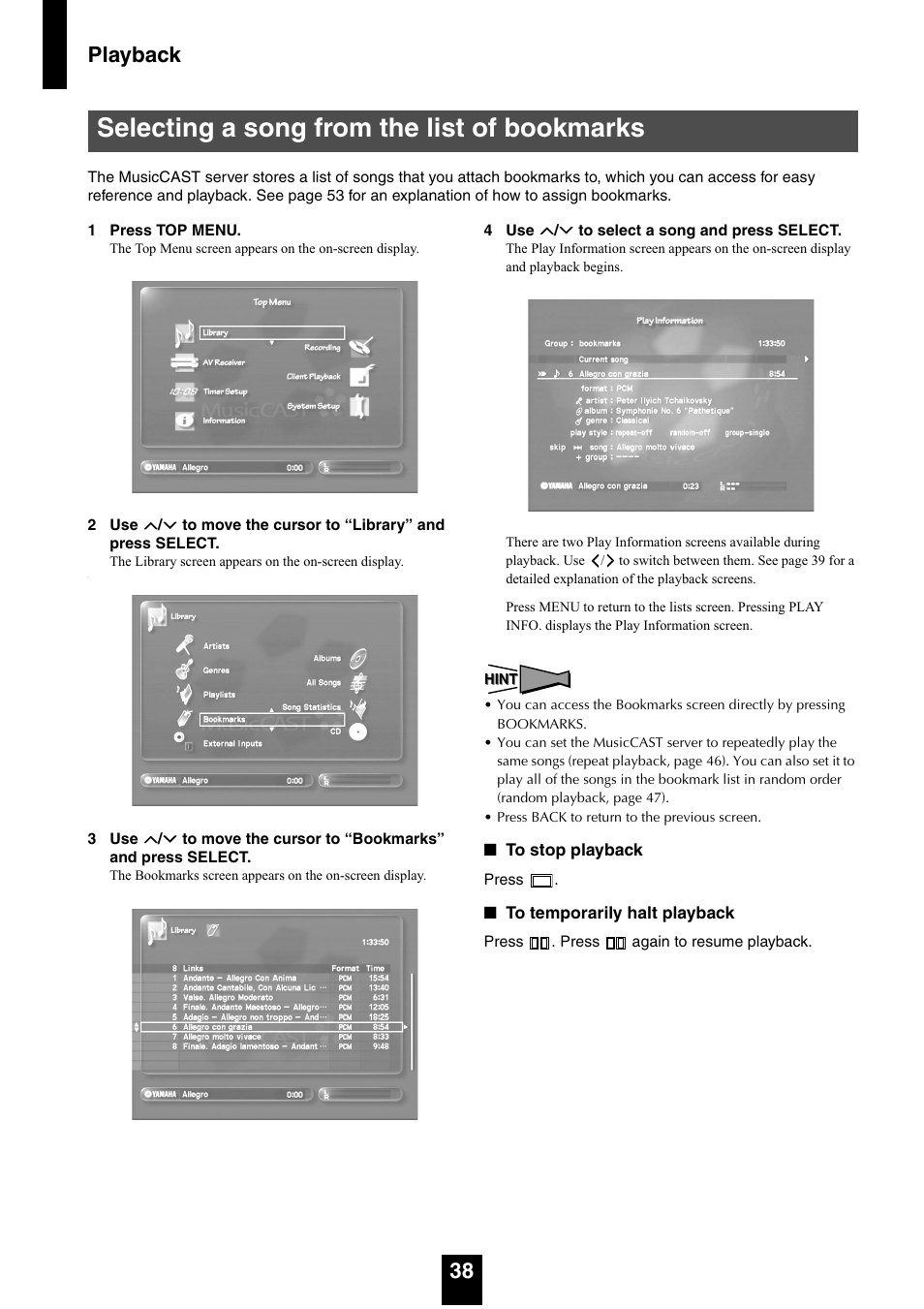 Selecting a song from the list of bookmarks, Playback 38 | Yamaha mcx-1000 User Manual | Page 38 / 148