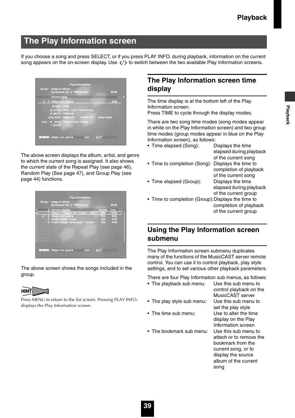 The play information screen, The play information screen time display, Using the play information screen submenu | Playback 39 | Yamaha mcx-1000 User Manual | Page 39 / 148