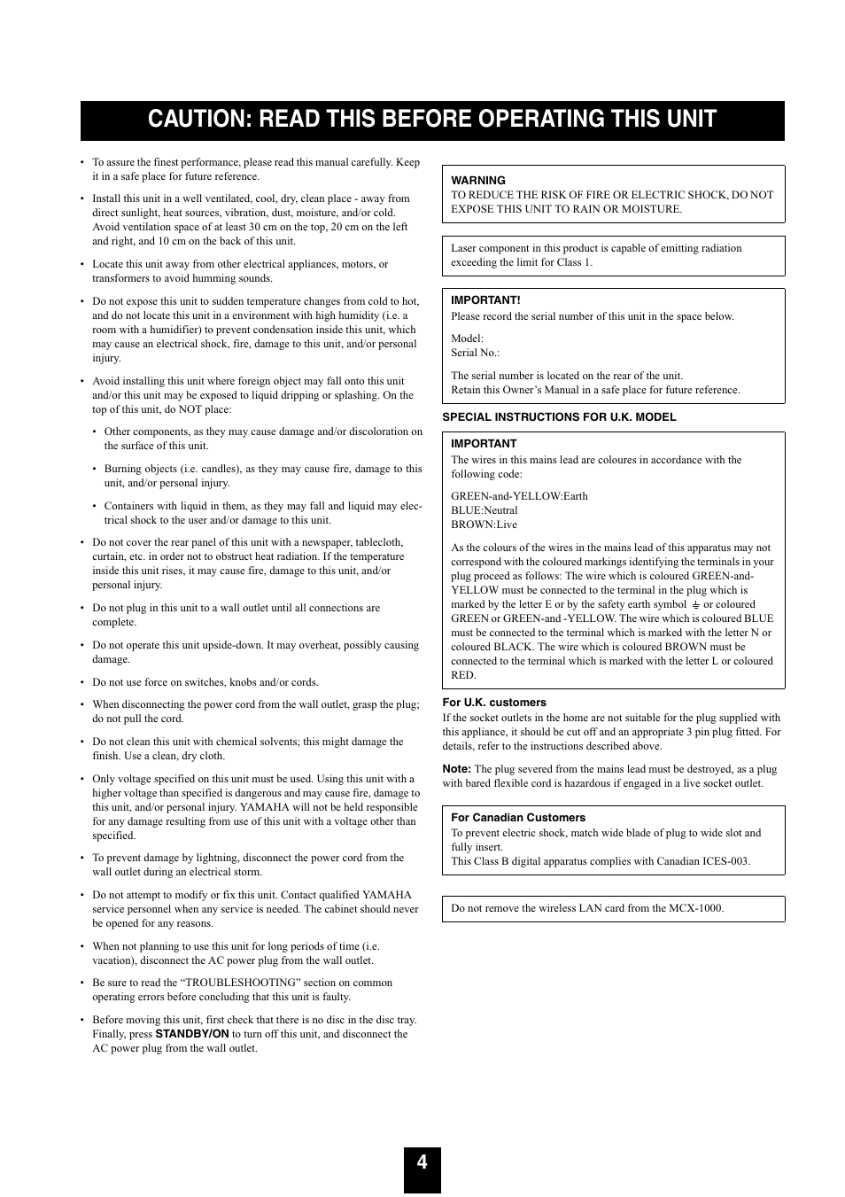 Caution: read this before operating this unit | Yamaha mcx-1000 User Manual | Page 4 / 148