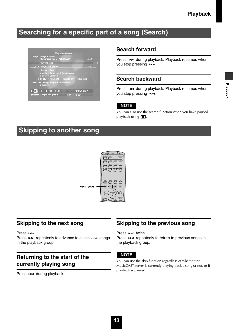 Searching for a specific part of a song (search), Search forward, Search backward | Skipping to another song, Skipping to the next song, Skipping to the previous song, Search forward search backward, Playback 43 search forward | Yamaha mcx-1000 User Manual | Page 43 / 148