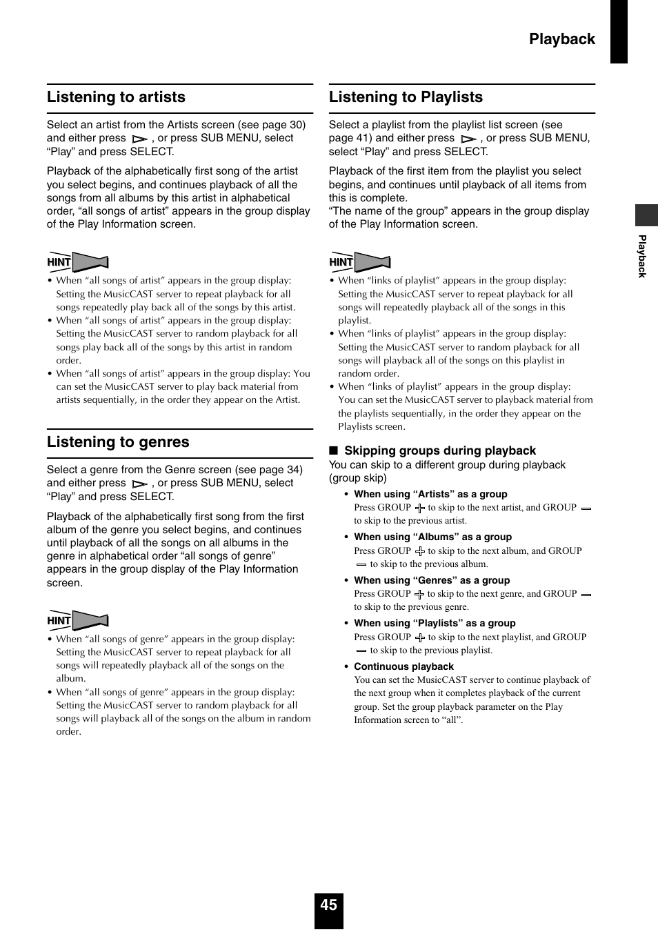 Listening to artists, Listening to genres, Listening to playlists | Playback 45 listening to artists | Yamaha mcx-1000 User Manual | Page 45 / 148