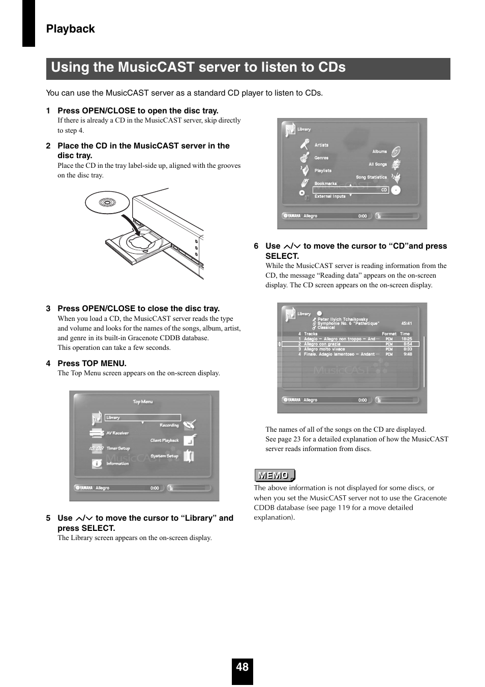 Using the musiccast server to listen to cds, Playback 48 | Yamaha mcx-1000 User Manual | Page 48 / 148