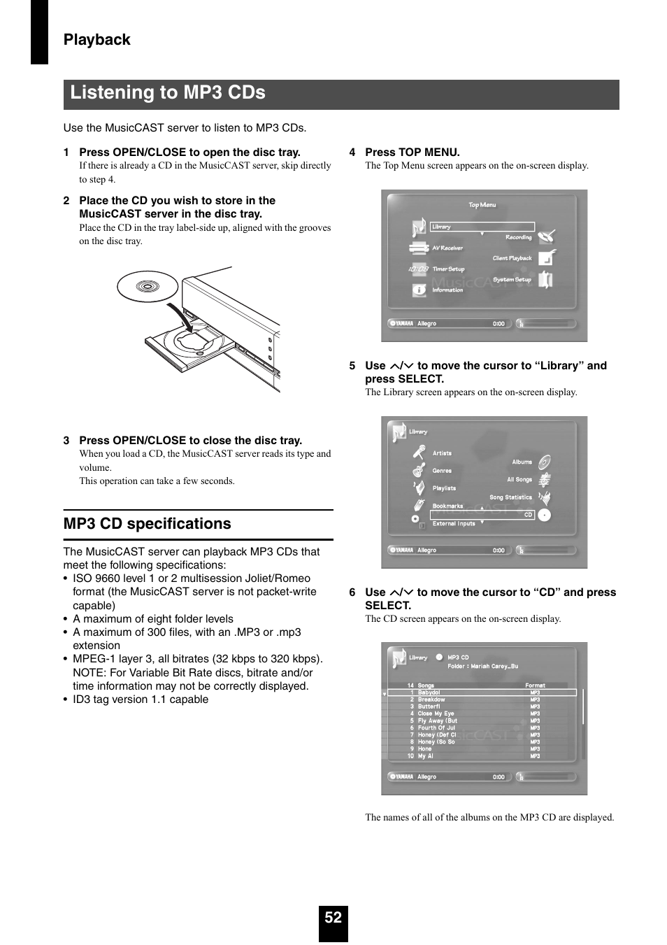 Listening to mp3 cds, Mp3 cd specifications, Playback 52 | Yamaha mcx-1000 User Manual | Page 52 / 148