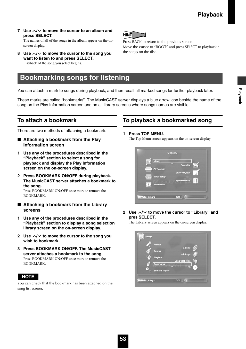 Bookmarking songs for listening, To attach a bookmark, To playback a bookmarked song | To attach a bookmark to playback a bookmarked song, Playback 53 | Yamaha mcx-1000 User Manual | Page 53 / 148