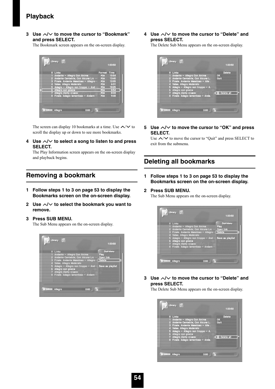 Removing a bookmark, Deleting all bookmarks, Removing a bookmark deleting all bookmarks | Playback 54 | Yamaha mcx-1000 User Manual | Page 54 / 148