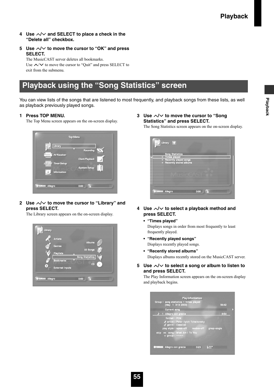 Playback using the “song statistics” screen, Playback 55 | Yamaha mcx-1000 User Manual | Page 55 / 148