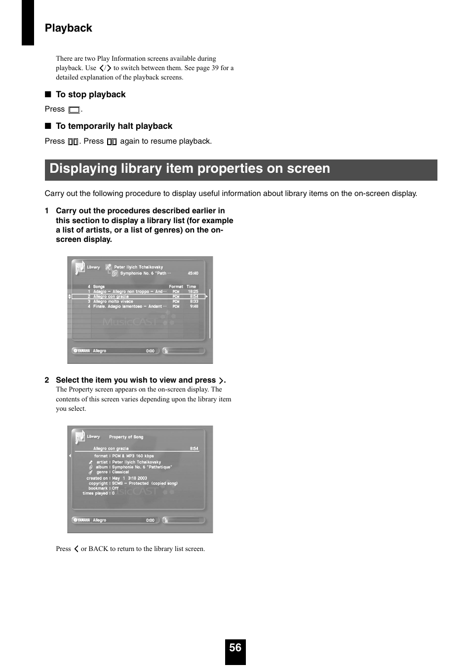 Displaying library item properties on screen, Playback 56 | Yamaha mcx-1000 User Manual | Page 56 / 148