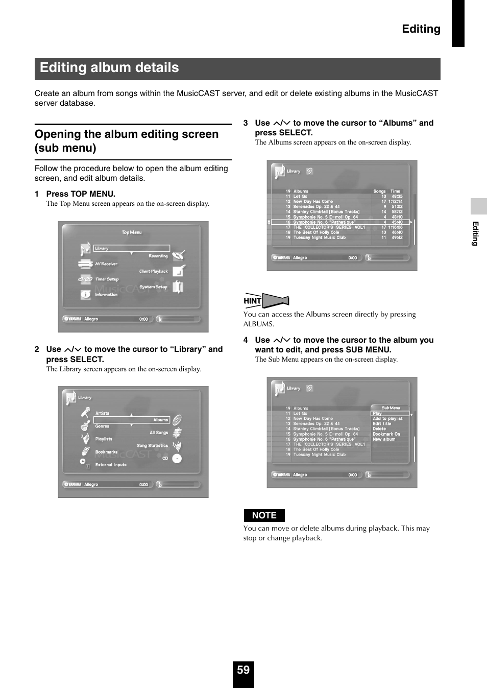 Editing album details, Opening the album editing screen (sub menu), Editing 59 | Yamaha mcx-1000 User Manual | Page 59 / 148