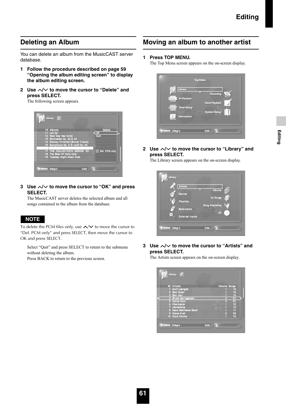 Deleting an album, Moving an album to another artist, Editing 61 deleting an album | Yamaha mcx-1000 User Manual | Page 61 / 148