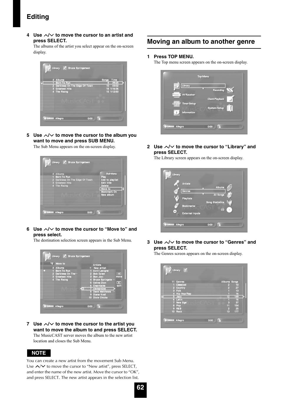 Moving an album to another genre, Editing 62 | Yamaha mcx-1000 User Manual | Page 62 / 148