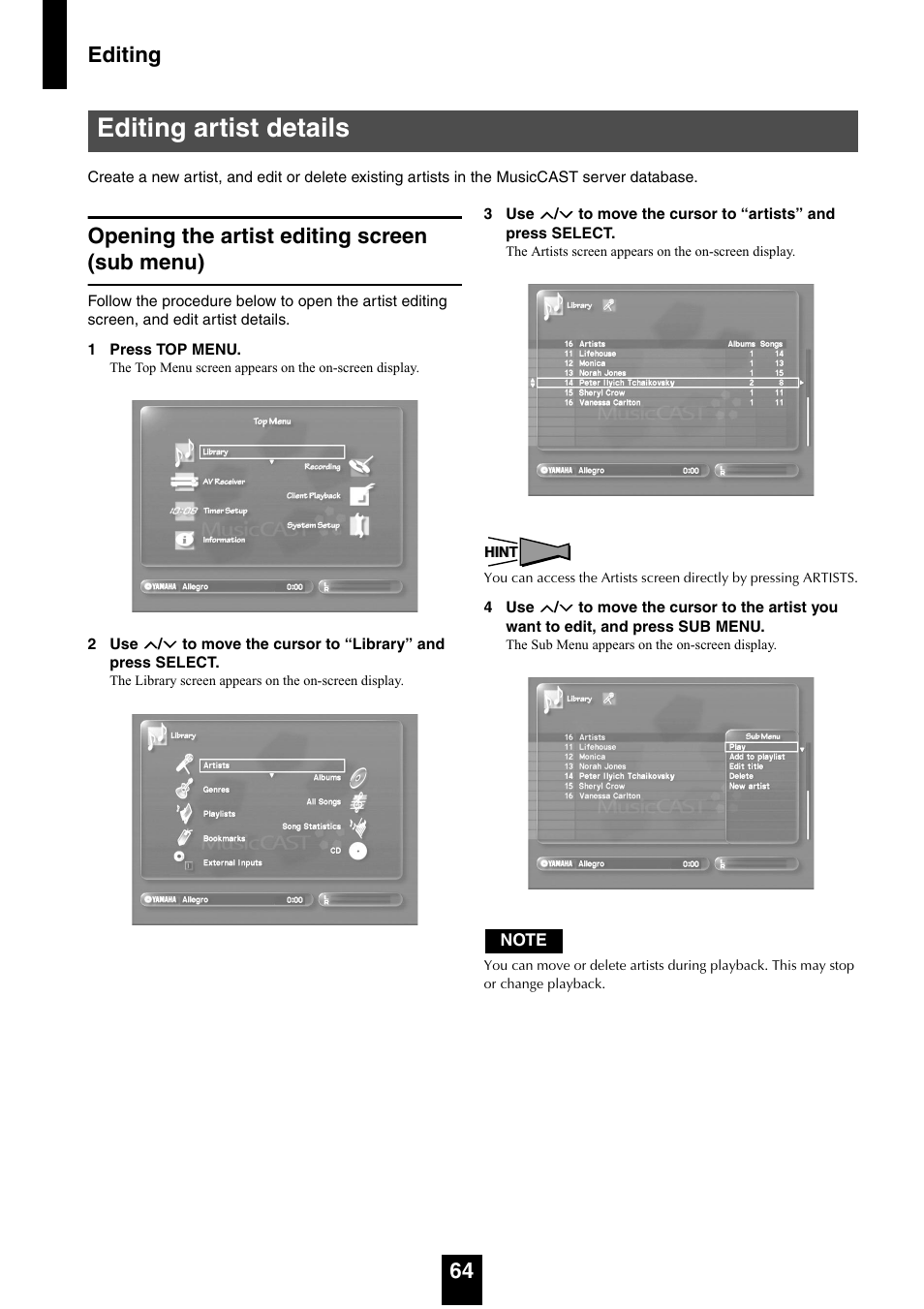 Editing artist details, Opening the artist editing screen (sub menu), Editing 64 | Yamaha mcx-1000 User Manual | Page 64 / 148