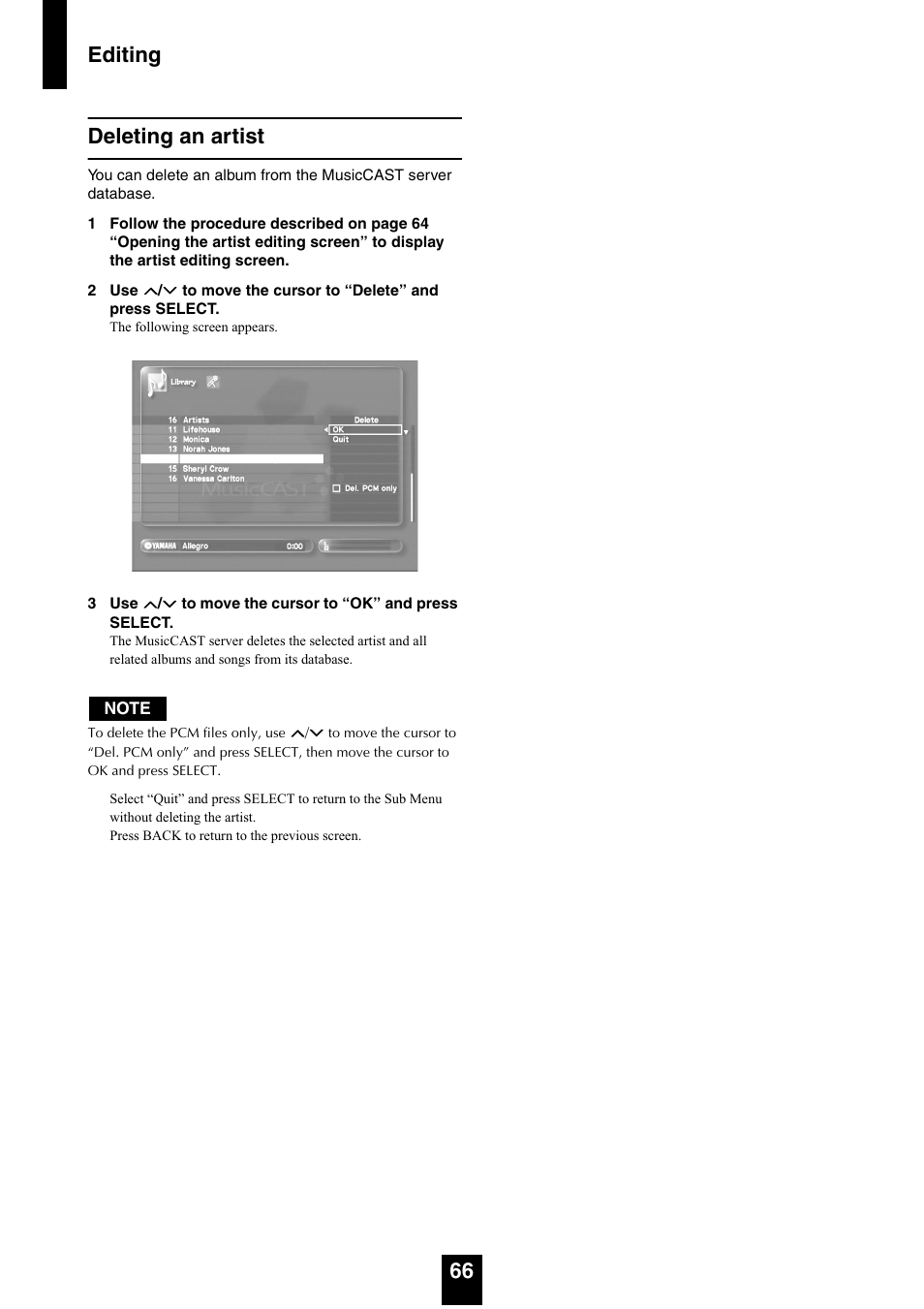 Deleting an artist, Editing 66 deleting an artist | Yamaha mcx-1000 User Manual | Page 66 / 148