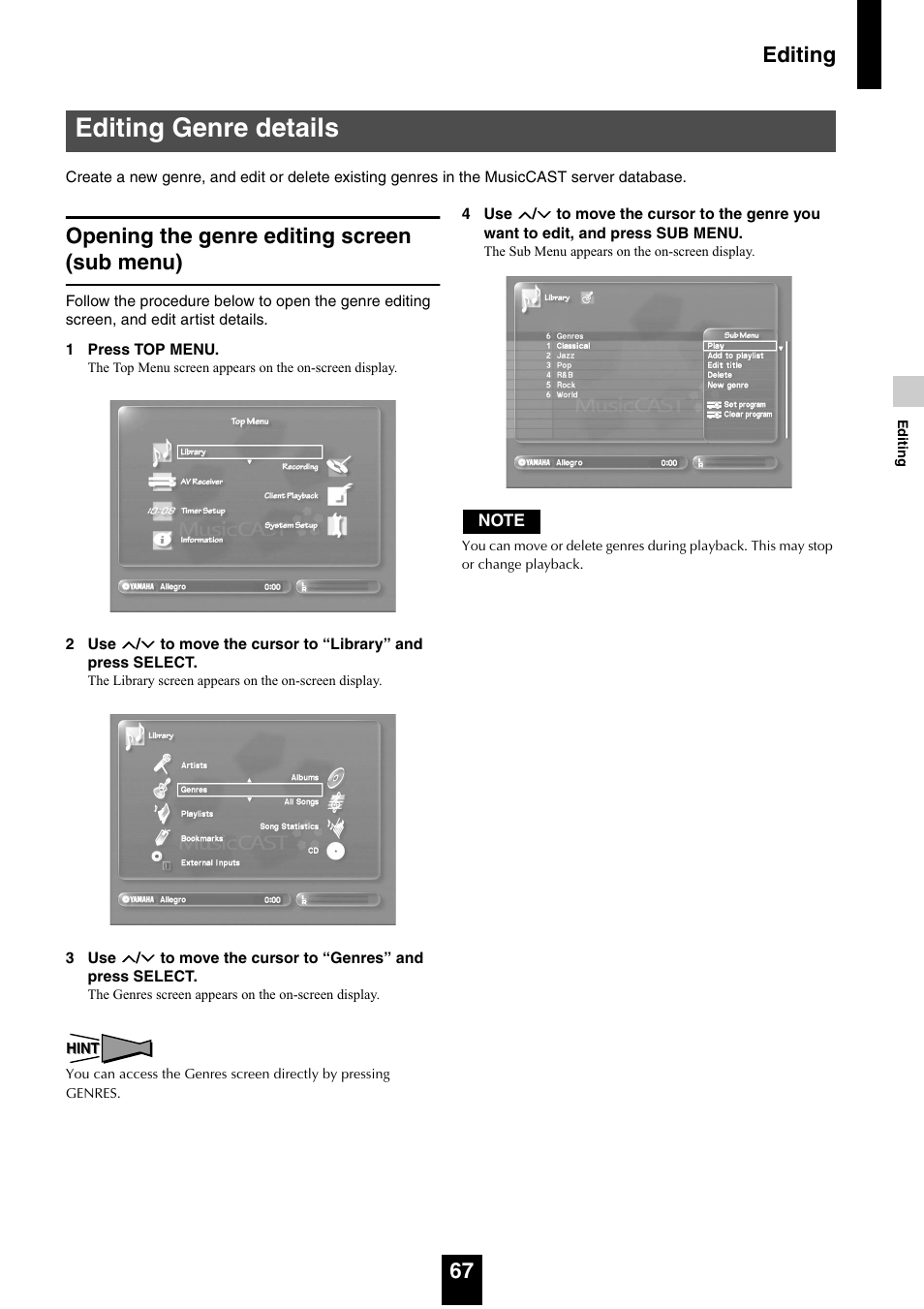 Editing genre details, Opening the genre editing screen (sub menu), Editing 67 | Yamaha mcx-1000 User Manual | Page 67 / 148