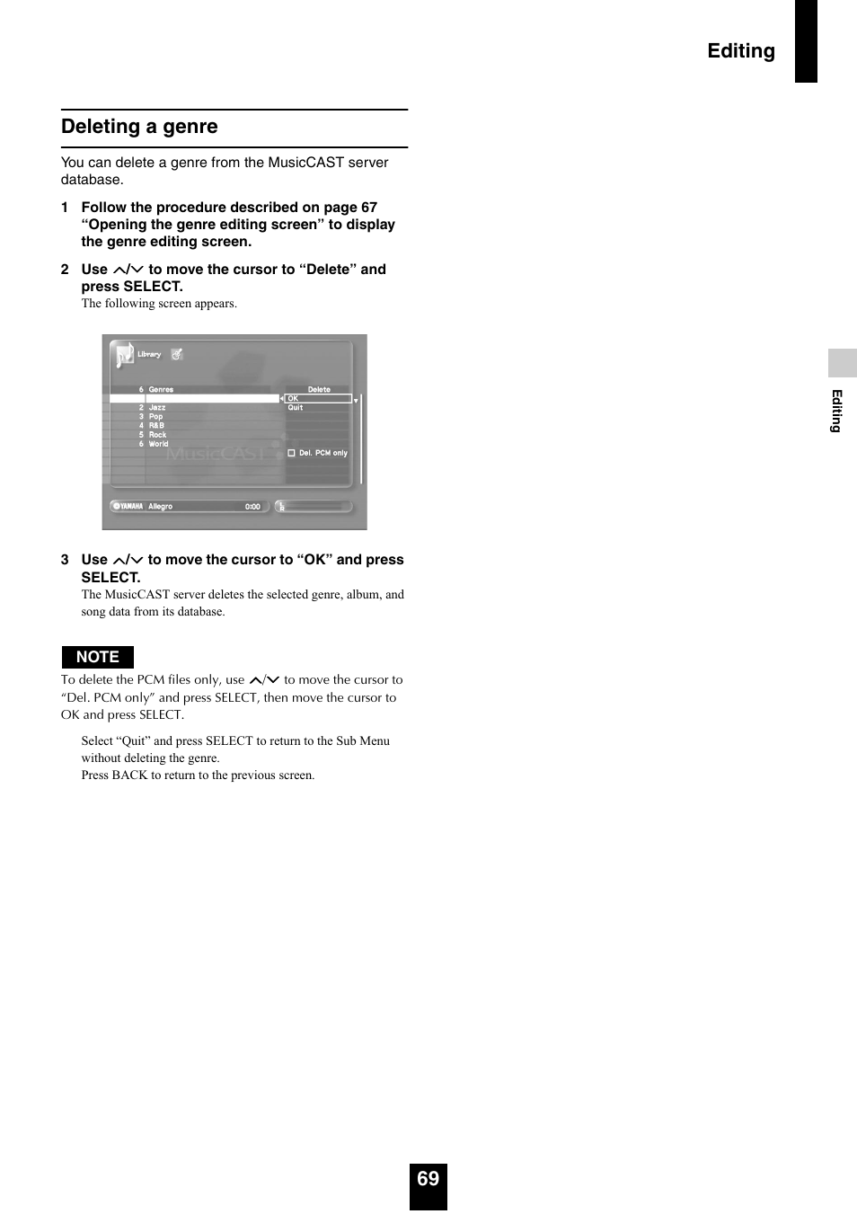 Deleting a genre, Editing 69 deleting a genre | Yamaha mcx-1000 User Manual | Page 69 / 148