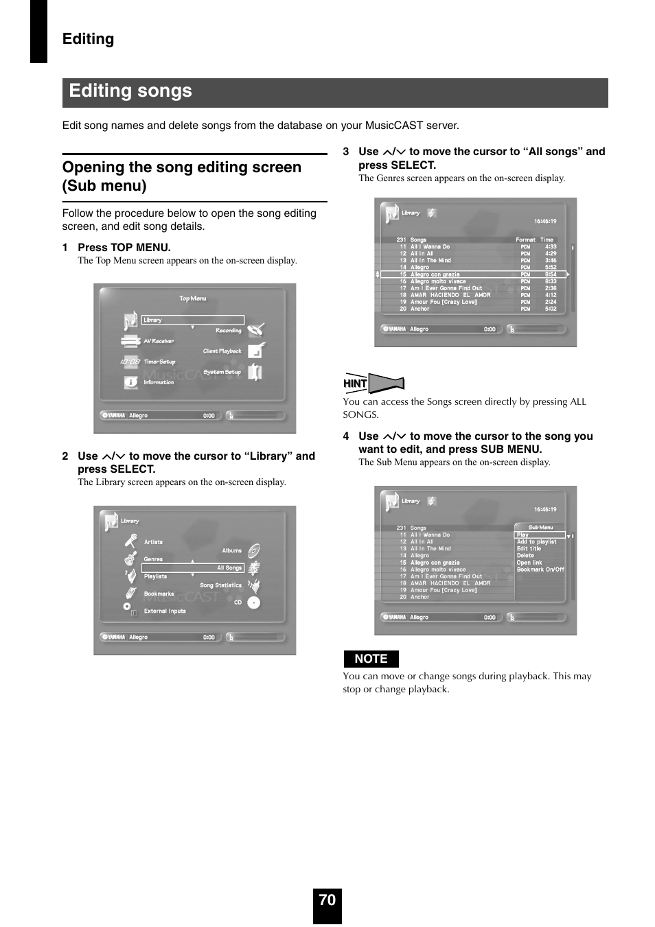 Editing songs, Opening the song editing screen (sub menu), Editing 70 | Yamaha mcx-1000 User Manual | Page 70 / 148