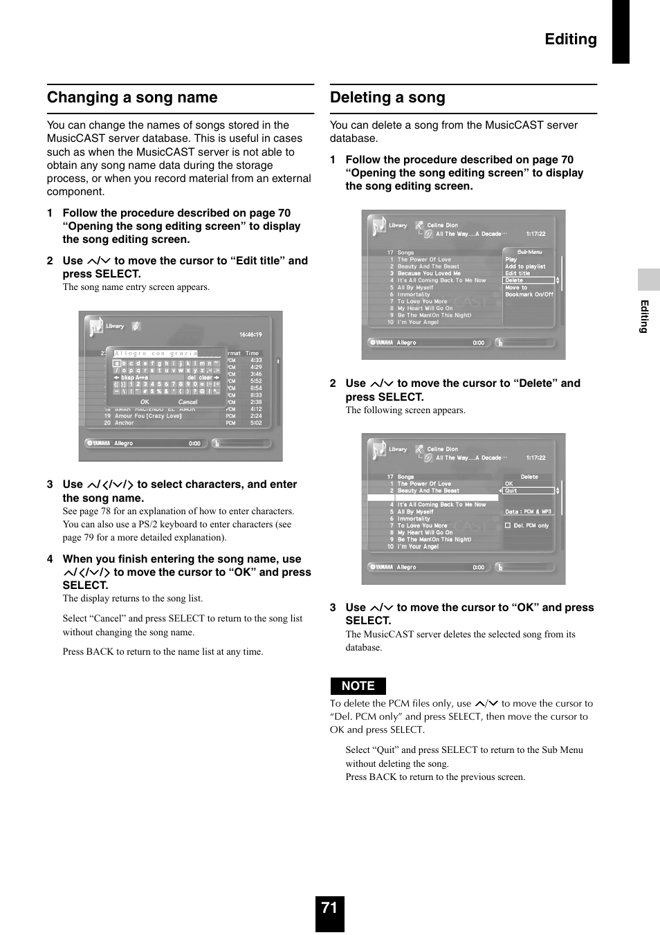 Changing a song name, Deleting a song, Changing a song name deleting a song | Editing 71 changing a song name | Yamaha mcx-1000 User Manual | Page 71 / 148