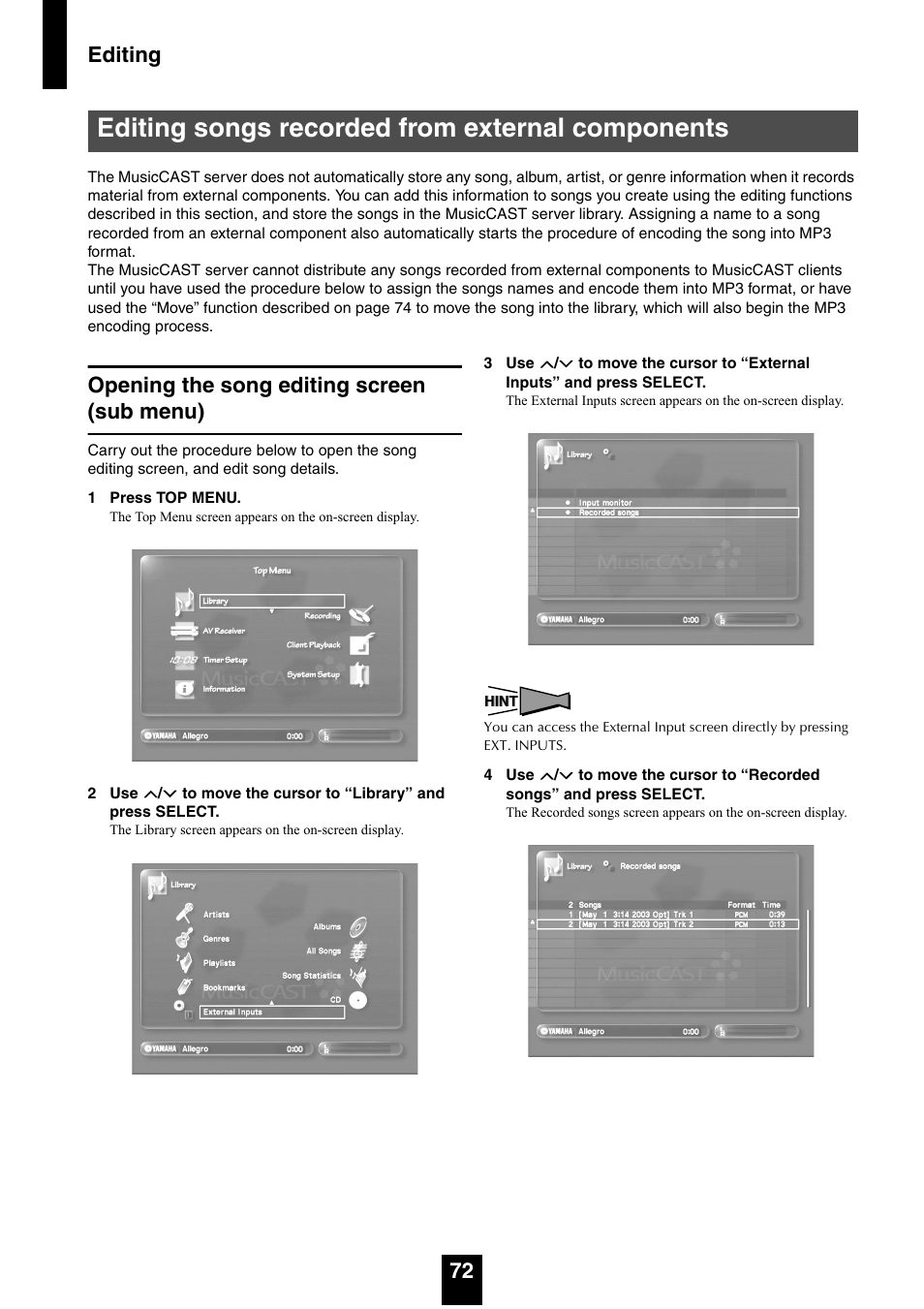 Editing songs recorded from external components, Opening the song editing screen (sub menu), Editing 72 | Yamaha mcx-1000 User Manual | Page 72 / 148