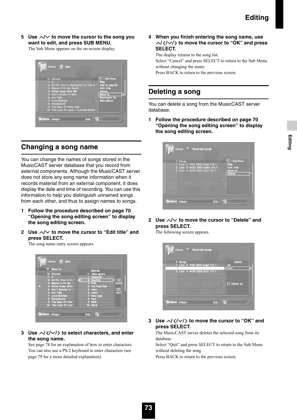 Changing a song name, Deleting a song, Changing a song name deleting a song | Editing 73 | Yamaha mcx-1000 User Manual | Page 73 / 148