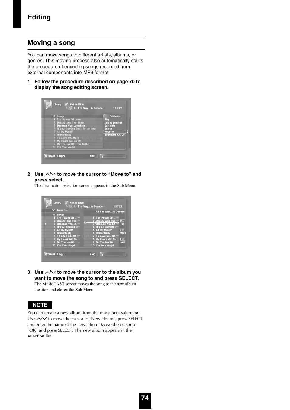 Moving a song, Editing 74 moving a song | Yamaha mcx-1000 User Manual | Page 74 / 148