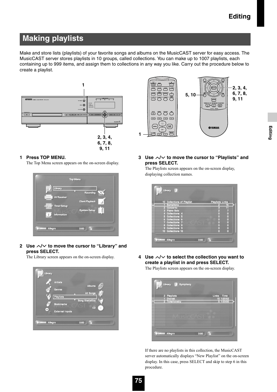 Making playlists, Editing 75 | Yamaha mcx-1000 User Manual | Page 75 / 148