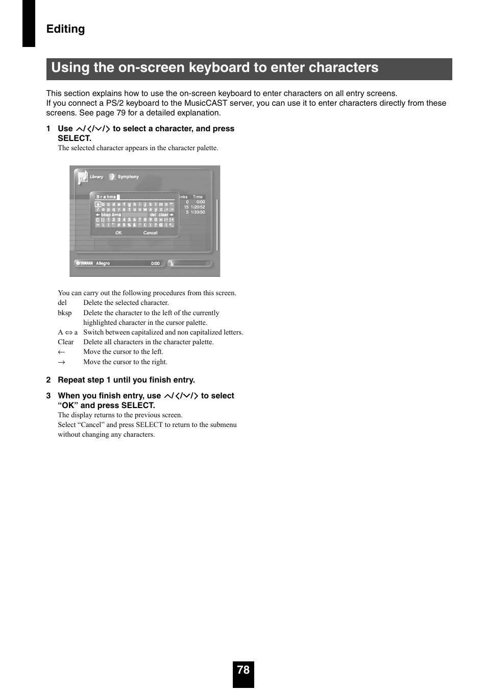 Using the on-screen keyboard to enter characters, Editing 78 | Yamaha mcx-1000 User Manual | Page 78 / 148