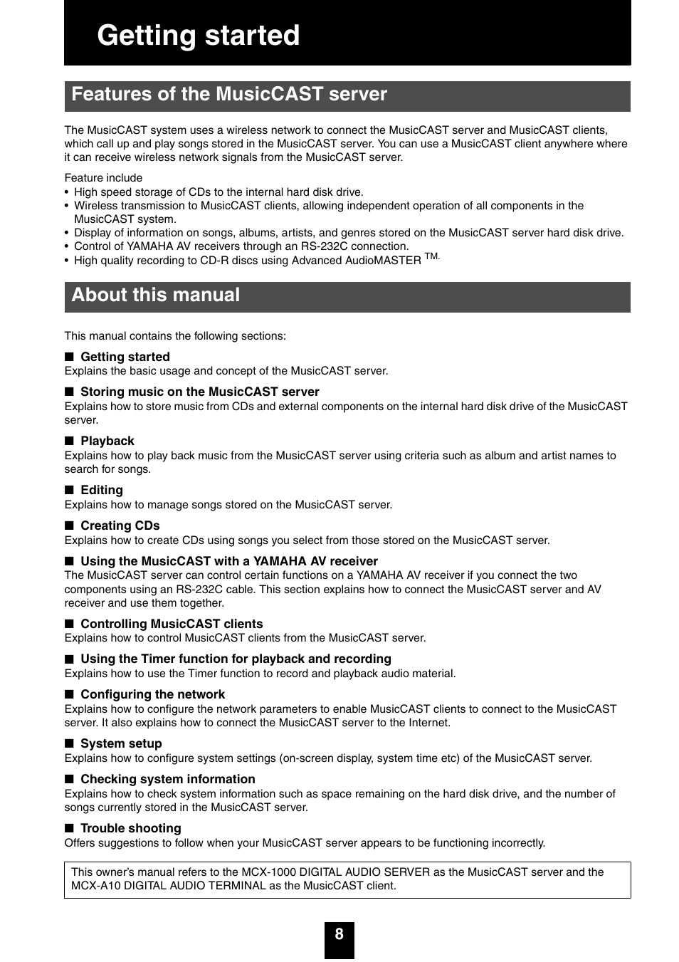 Getting started, Features of the musiccast server, About this manual | Features of the musiccast server about this manual, Cd/cd-r/cd-rw compa | Yamaha mcx-1000 User Manual | Page 8 / 148