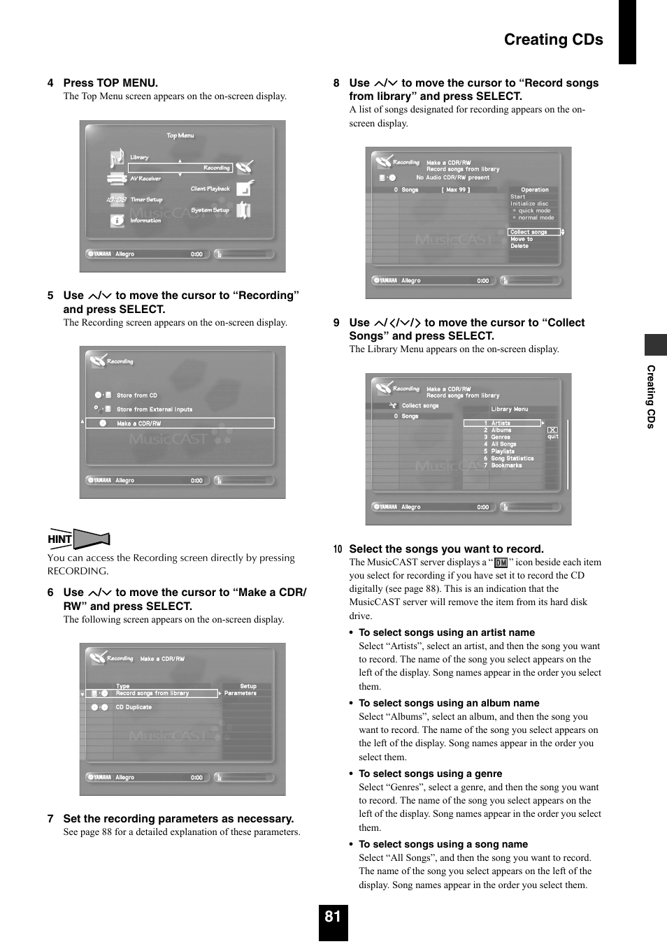 Creating cds 81 | Yamaha mcx-1000 User Manual | Page 81 / 148